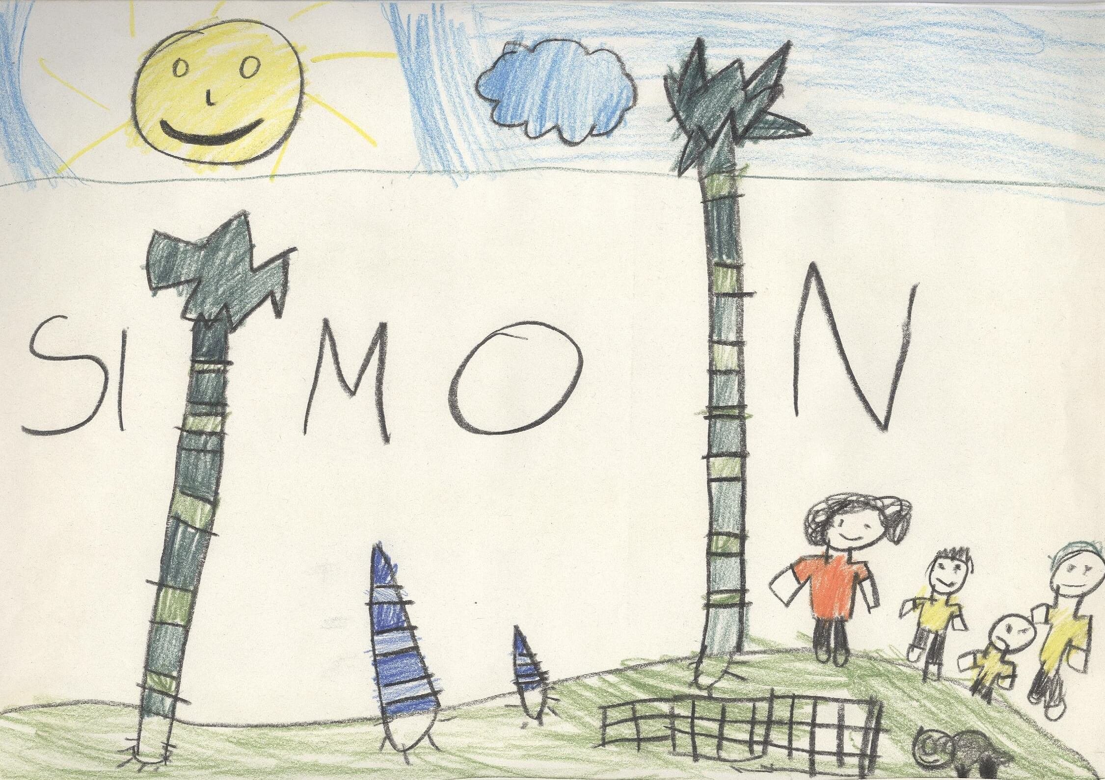 Auf einer Zeichnung eines Kindes sind zwei große Palmen und eine Familie gemalt worden. Mit schwarzem Stift wurde „Simon“ auf die Zeichnung geschrieben. 