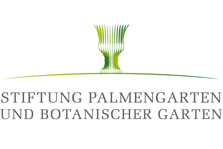 Das Logo der Stiftung zeigt eine Zeichnung eines Behältnisses aus grünen Blättern. Darunter steht „Stiftung Palmengarten und Botanischer Garten“.
